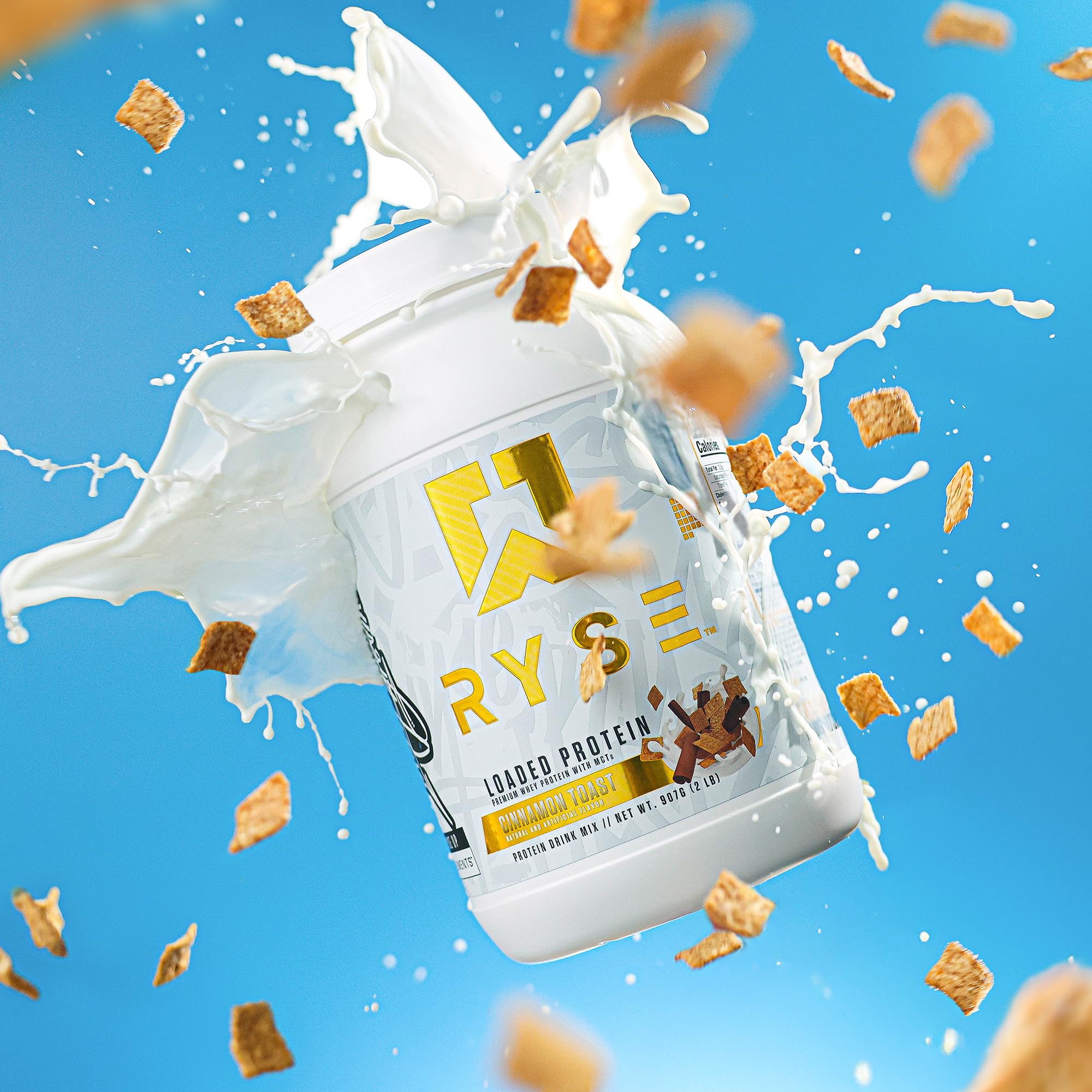 RYSE Loaded Cinnamon Toast powder texture close-up, illustrating smooth mixability.