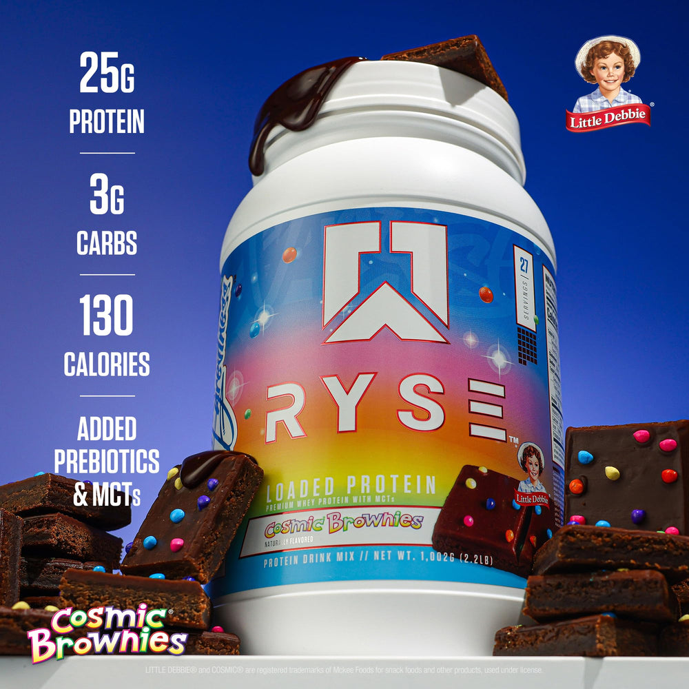 RYSE Loaded Protein Powder Cosmic Brownie label underscores clean ingredients and low sugar profile.
