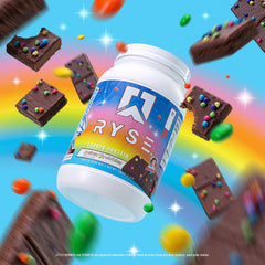 RYSE Loaded Protein Powder Cosmic Brownie mixing in water or milk for a lean, satisfying snack.