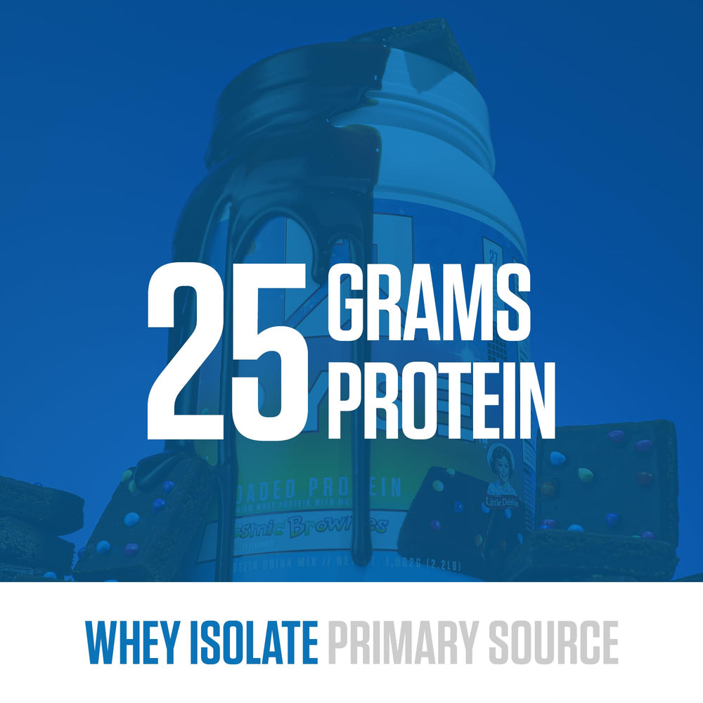RYSE Loaded Protein Powder Cosmic Brownie scoop emphasizes creamy texture ideal for dessert-like shakes.
