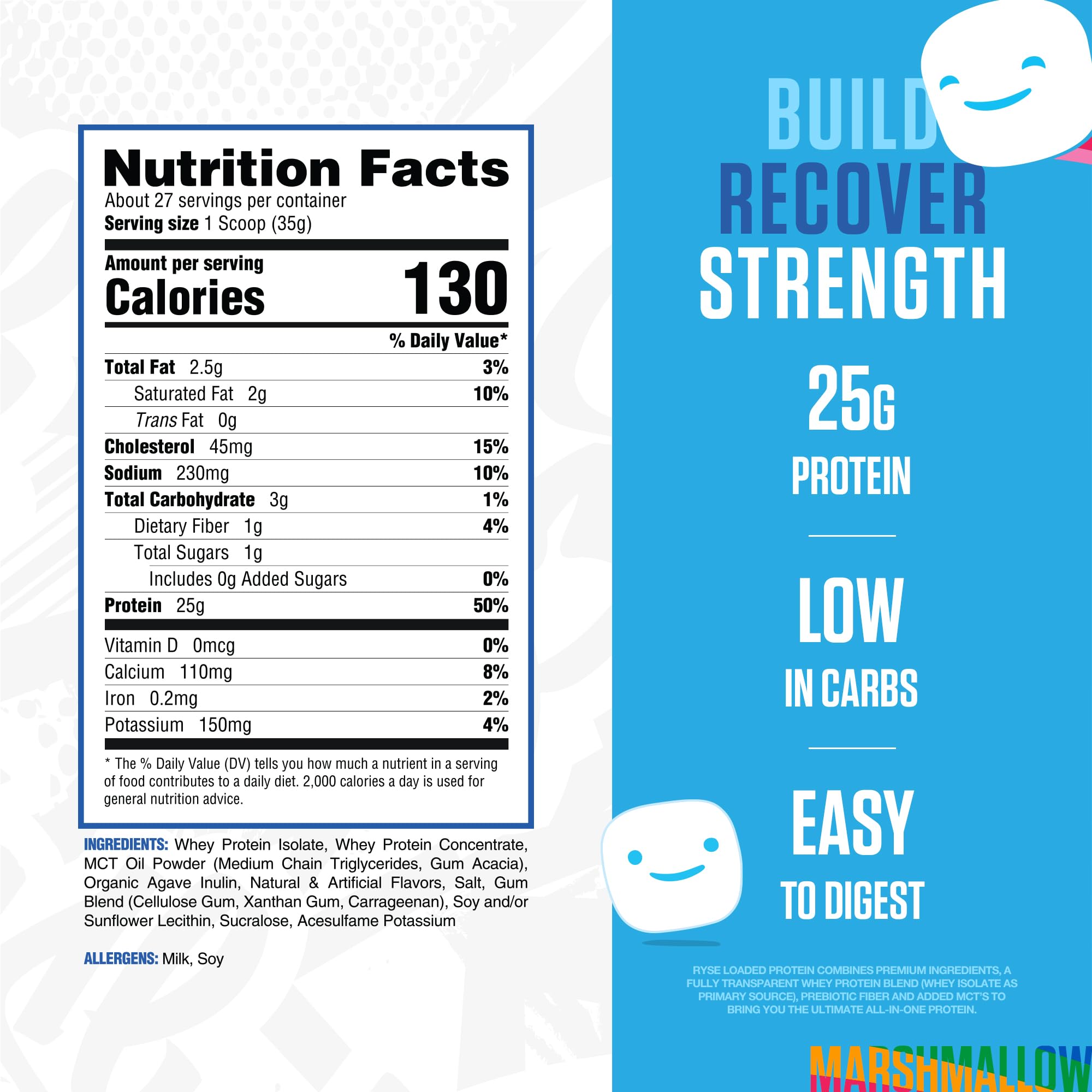 RYSE label closeup highlights premium whey blend and prebiotic fiber for digestion