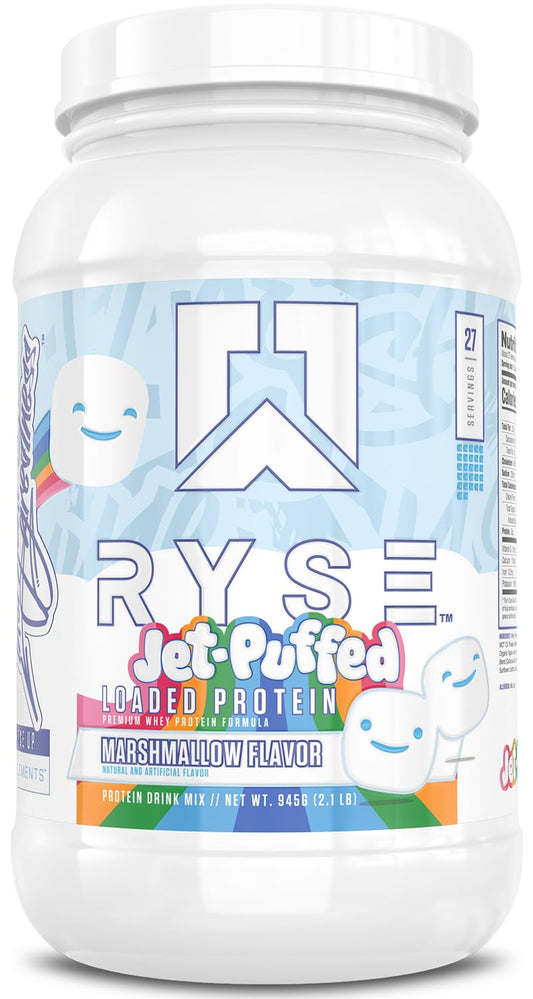 RYSE Loaded protein tub showing Jet-Puffed Marshmallow flavor for post-workout recovery