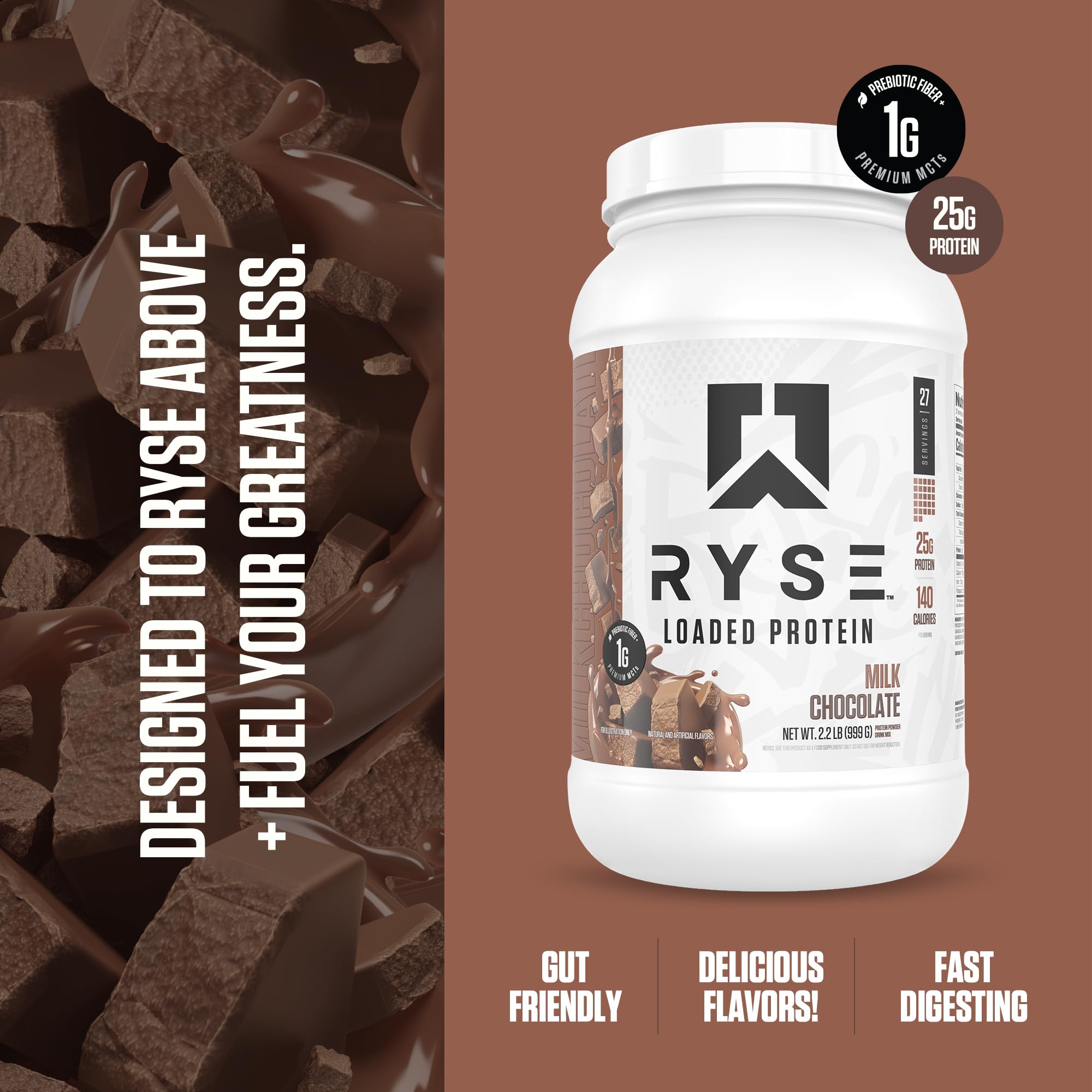 RYSE Loaded Protein Milk Chocolate being shaken for a smooth, energizing shake.