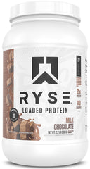 RYSE Loaded Protein Milk Chocolate tub front—premium packaging for workout fueling.