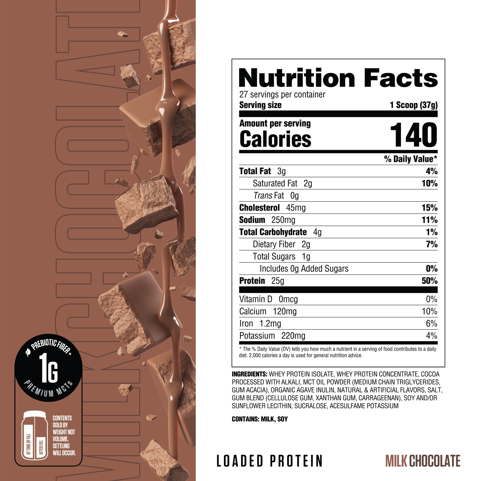 RYSE Loaded Protein Milk Chocolate tub label—clear nutrition for mindful macros.