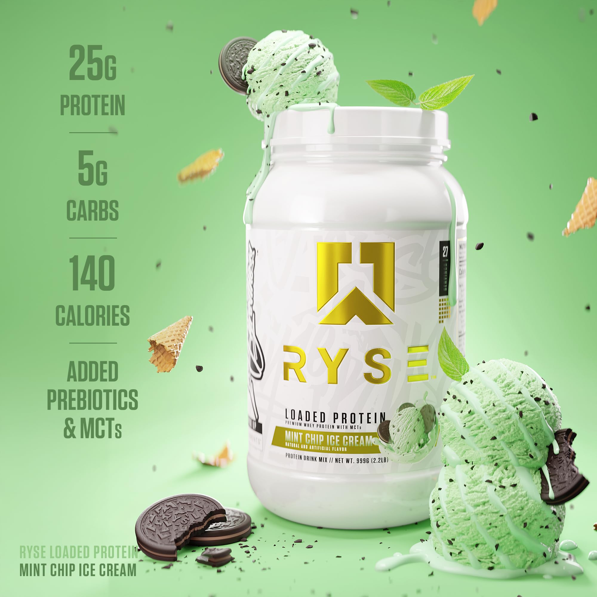 RYSE Loaded Protein Mint Chip shake in blender for a smooth texture.