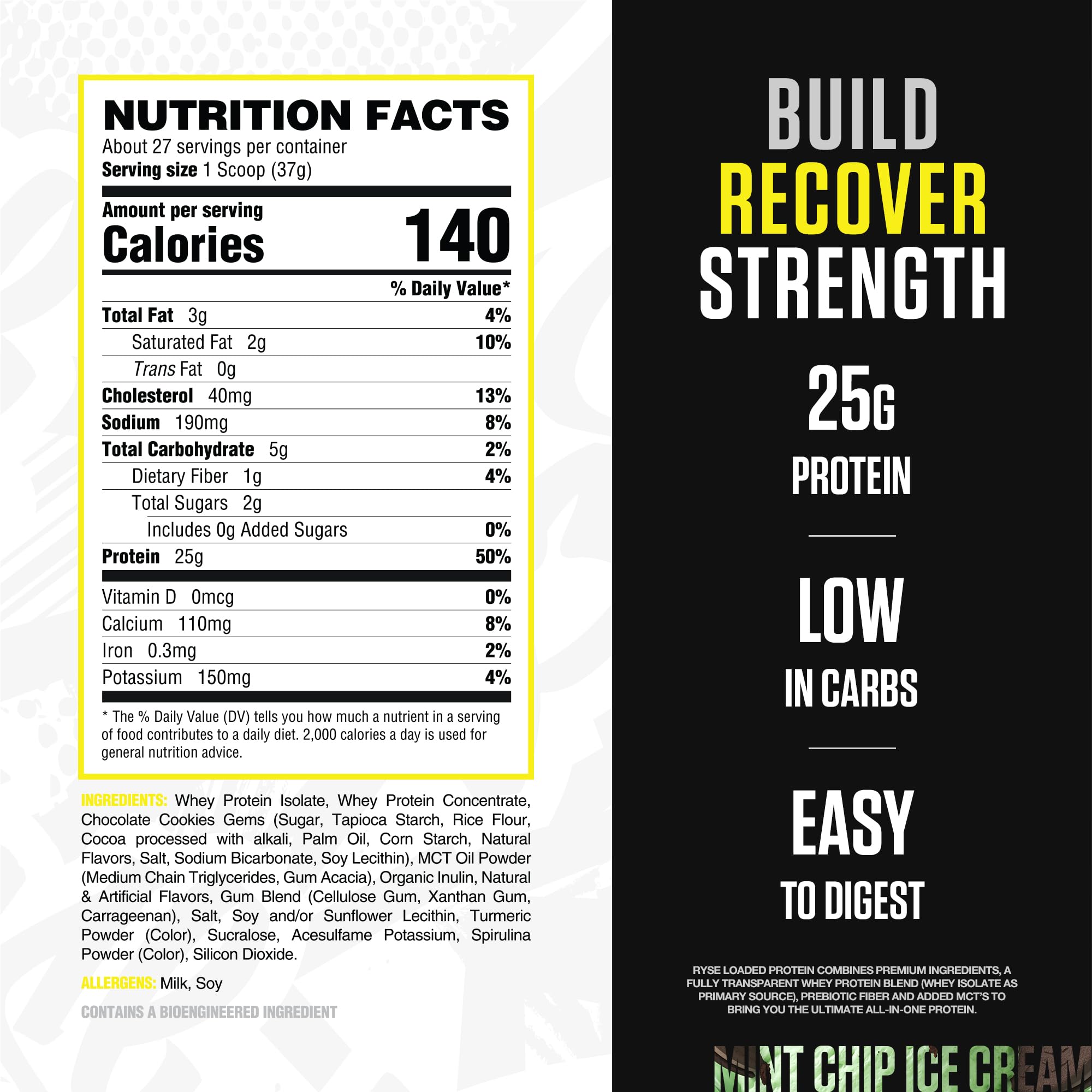RYSE Loaded Protein Mint Chip scoop shows 25g protein per serving.