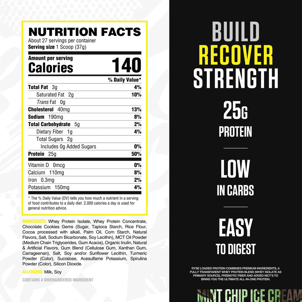 RYSE Loaded Protein Mint Chip scoop shows 25g protein per serving.