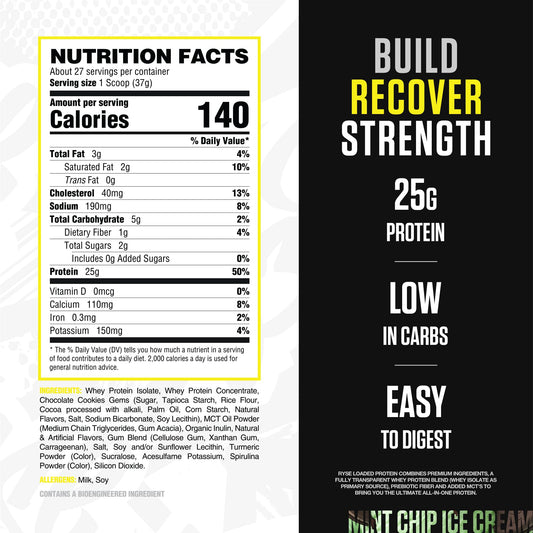 RYSE Loaded Protein Mint Chip scoop shows 25g protein per serving.