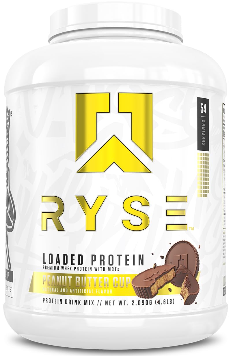 RYSE Loaded Protein Peanut Butter Cup tub with scoop for post-workout recovery