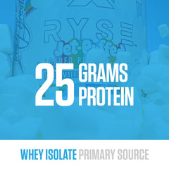RYSE Loaded Protein Powder close-up label shows 25g protein per serving for recovery.