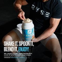 RYSE Loaded Protein Powder nutrition facts panel emphasizes prebiotic fiber and MCTs.