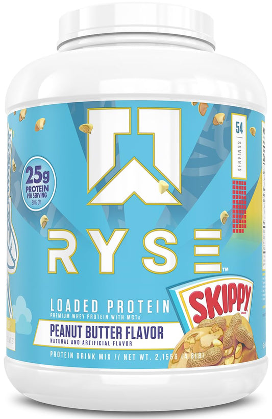 RYSE Loaded Protein Powder Skippy Peanut Butter bottle pour for post-workout protein