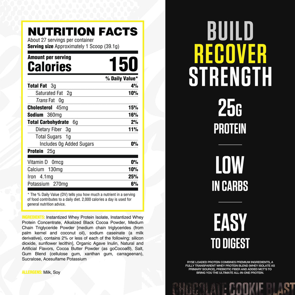 RYSE Loaded Protein scoop with Chocolate Cookie Blast shows rich flavor and quick mixability.