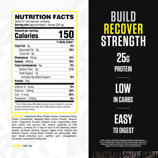 RYSE Loaded Protein scoop with Chocolate Cookie Blast shows rich flavor and quick mixability.