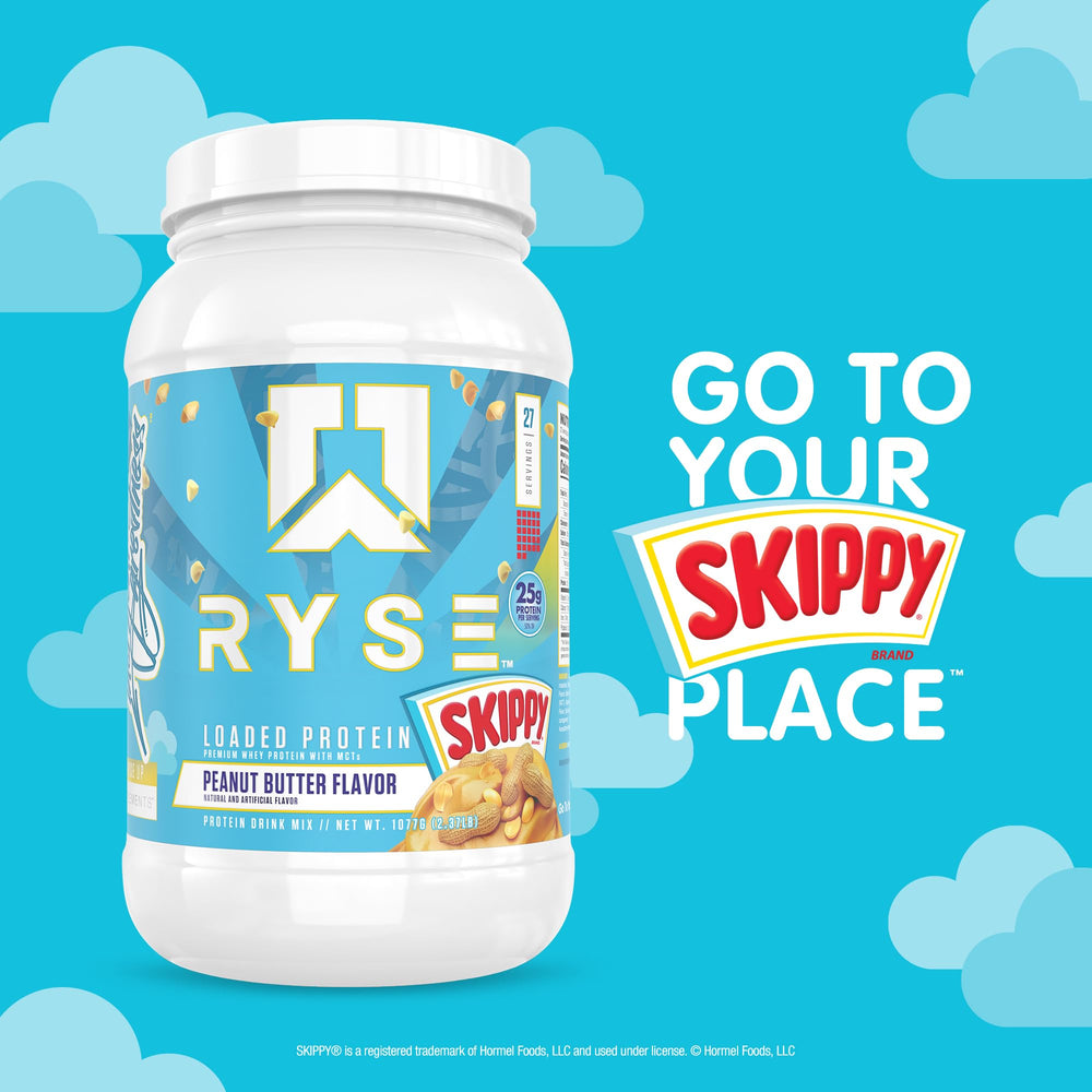 Glass of RYSE Loaded Protein shake with a frothy, enjoyable texture.