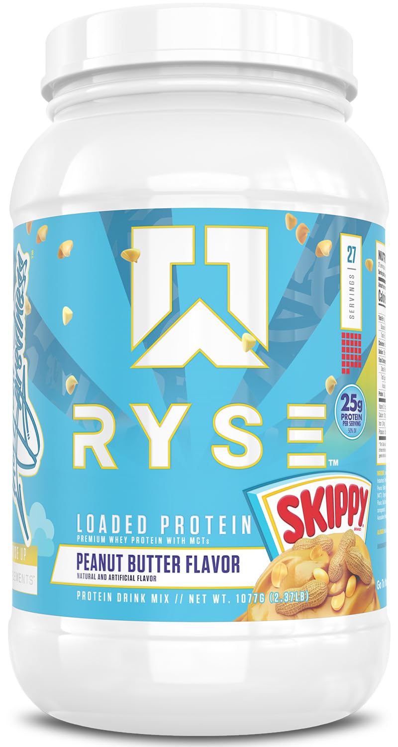 RYSE Loaded Protein tub in Skippy Peanut Butter flavor for muscle support.