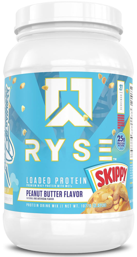 RYSE Loaded Protein tub in Skippy Peanut Butter flavor for muscle support.