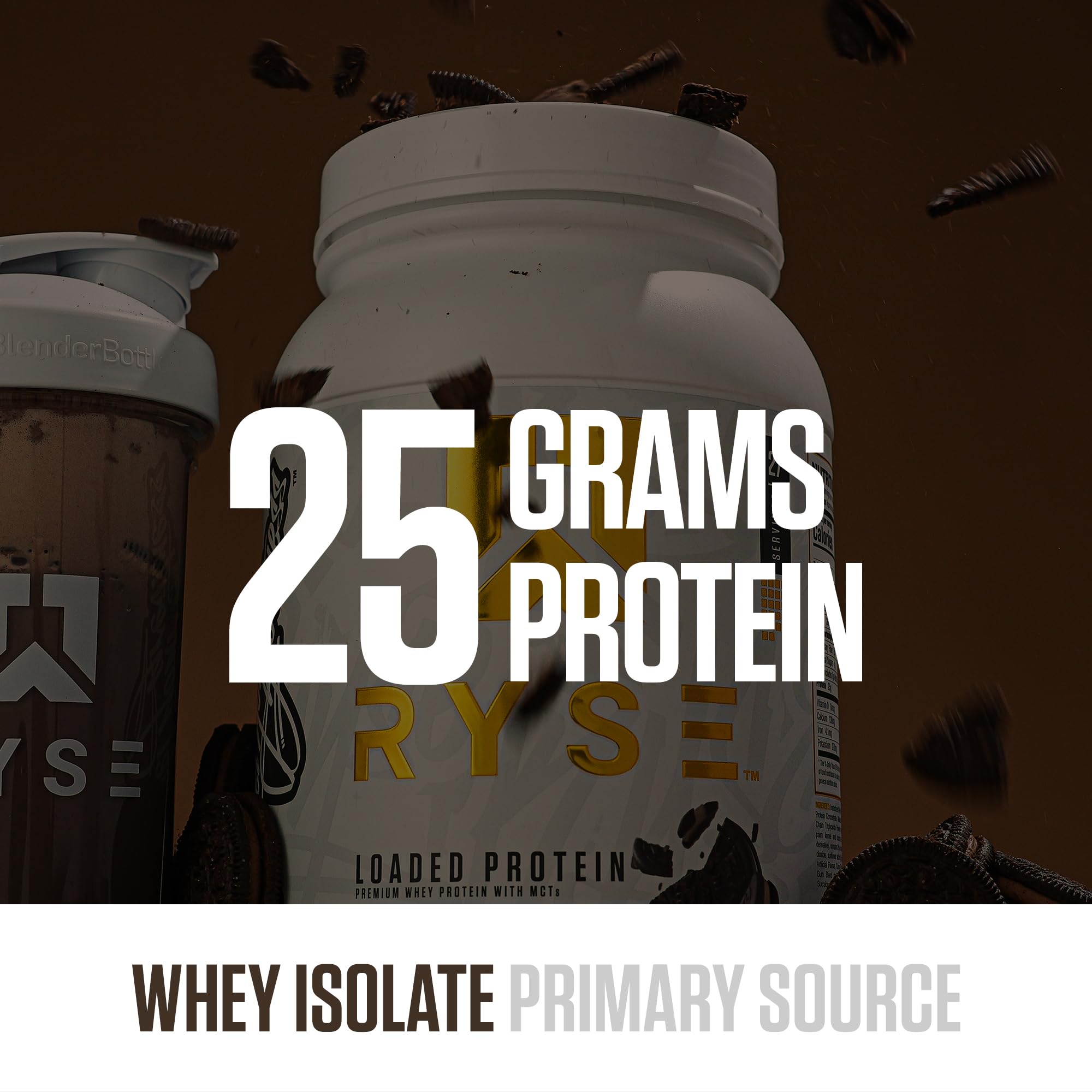 Close-up shows RYSE Loaded Protein texture for smooth blend.