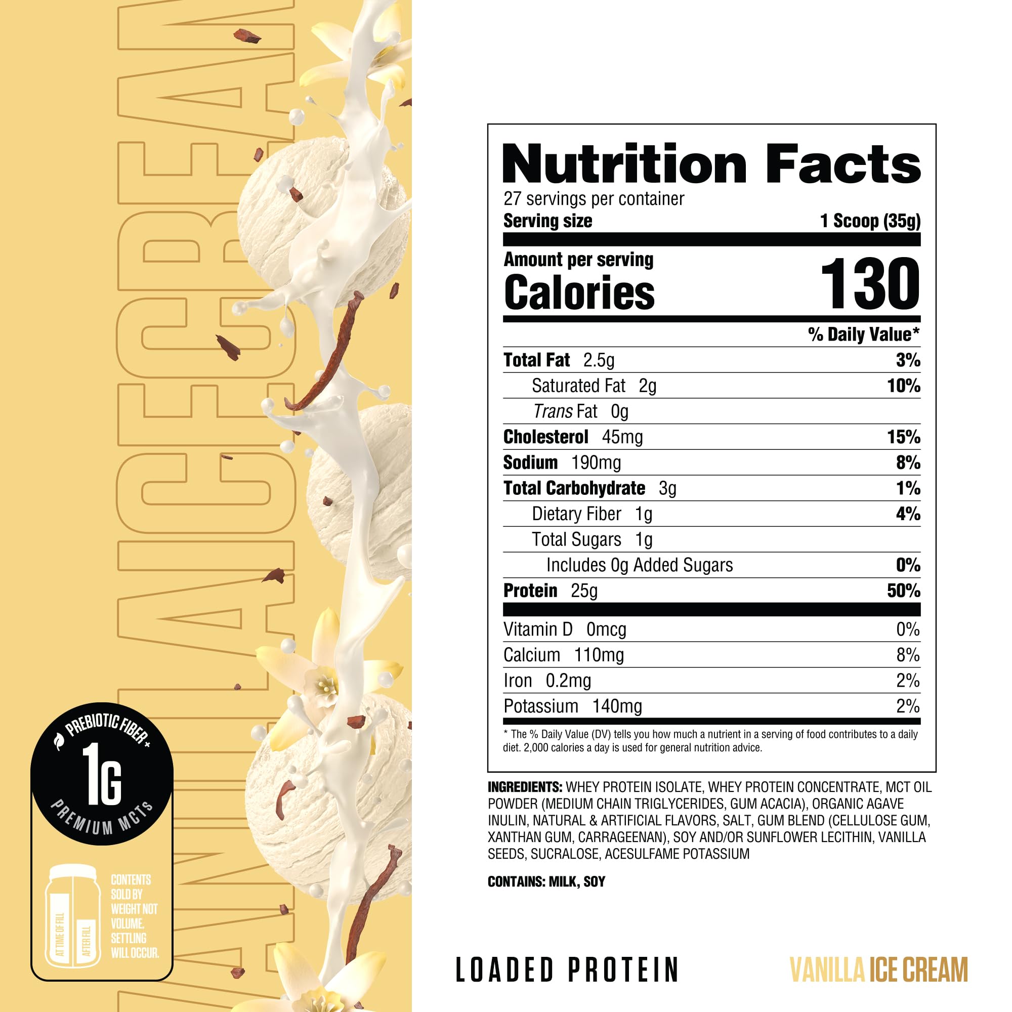 RYSE Loaded Protein Vanilla Ice Cream scoop dispensing for easy serving