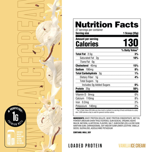 RYSE Loaded Protein Vanilla Ice Cream scoop dispensing for easy serving