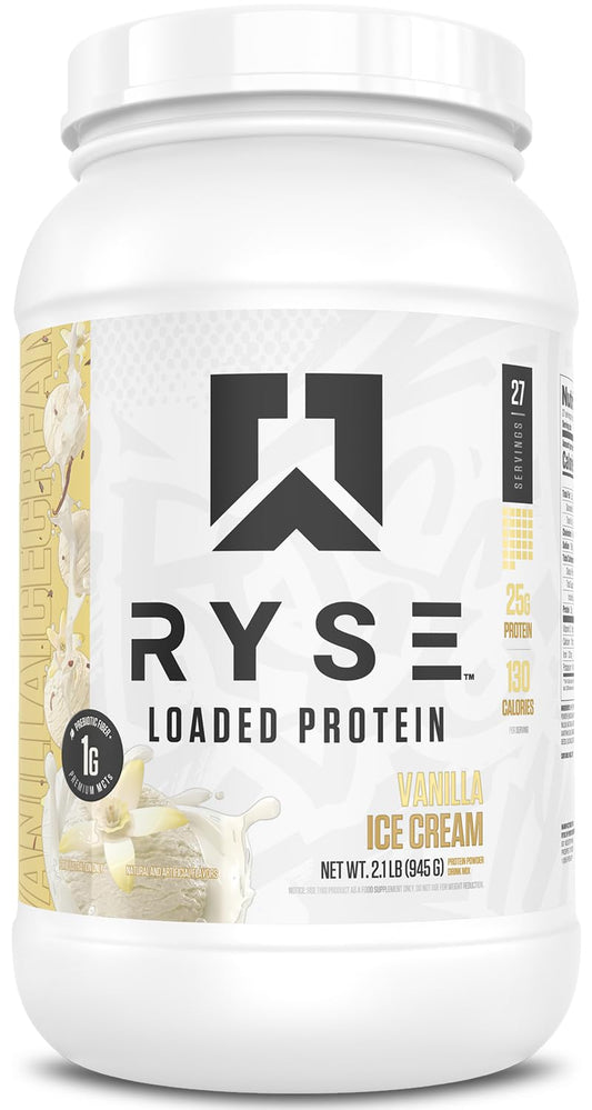 RYSE Loaded Protein Vanilla Ice Cream tub front showing premium protein and flavor