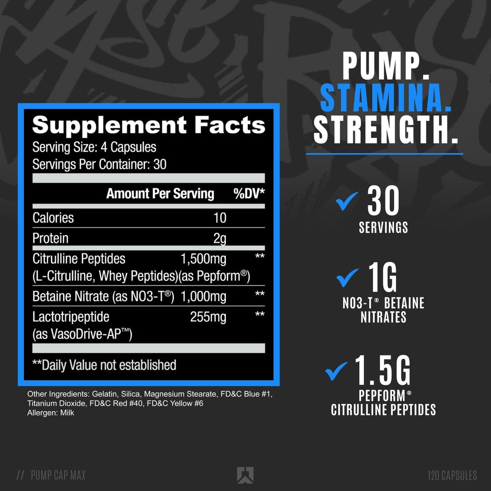 RYSE Pump Cap Max capsules close-up highlighting convenient stimulant-free pre-workout