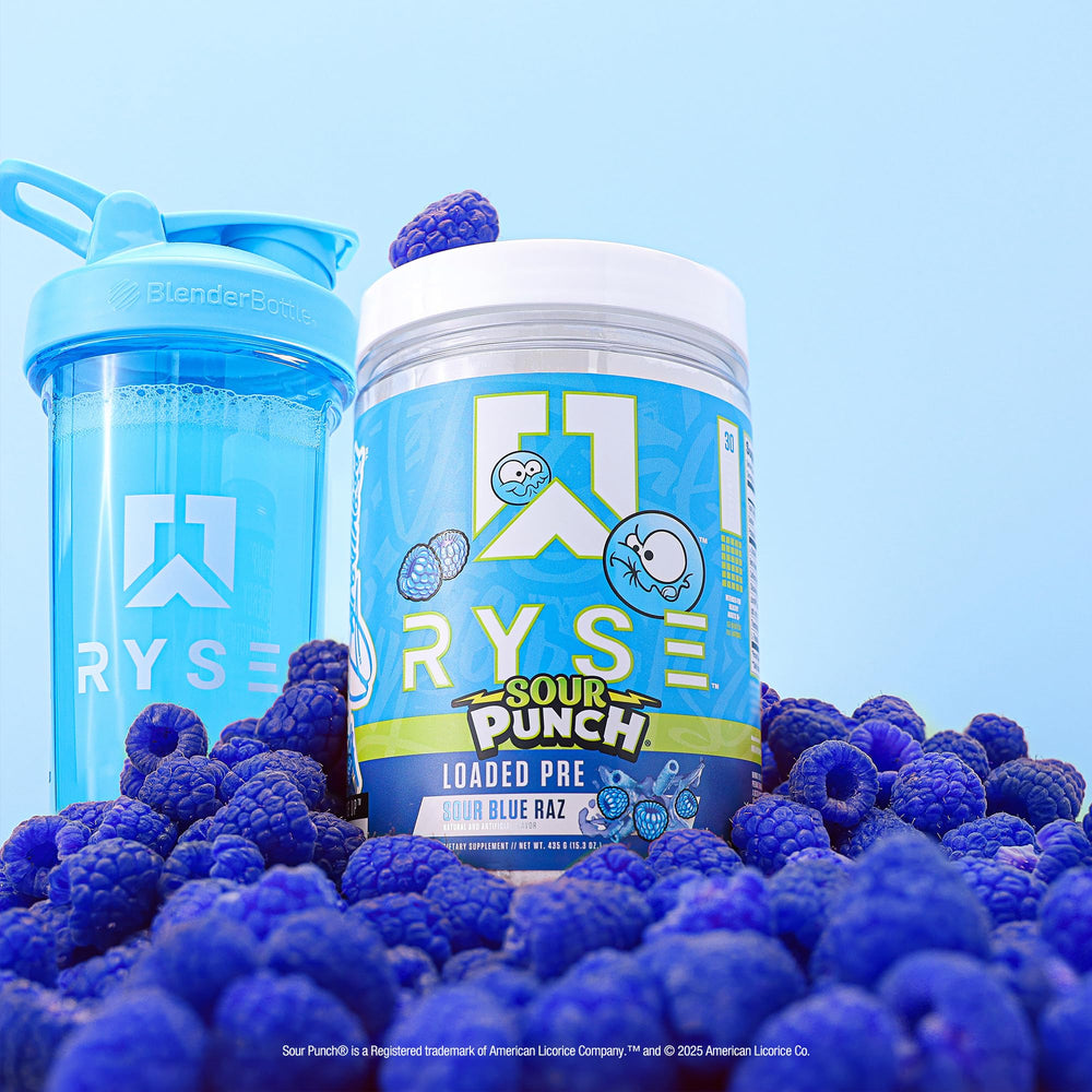 RYSE Sour Punch Blue Raz flavor close-up highlighting taste appeal.