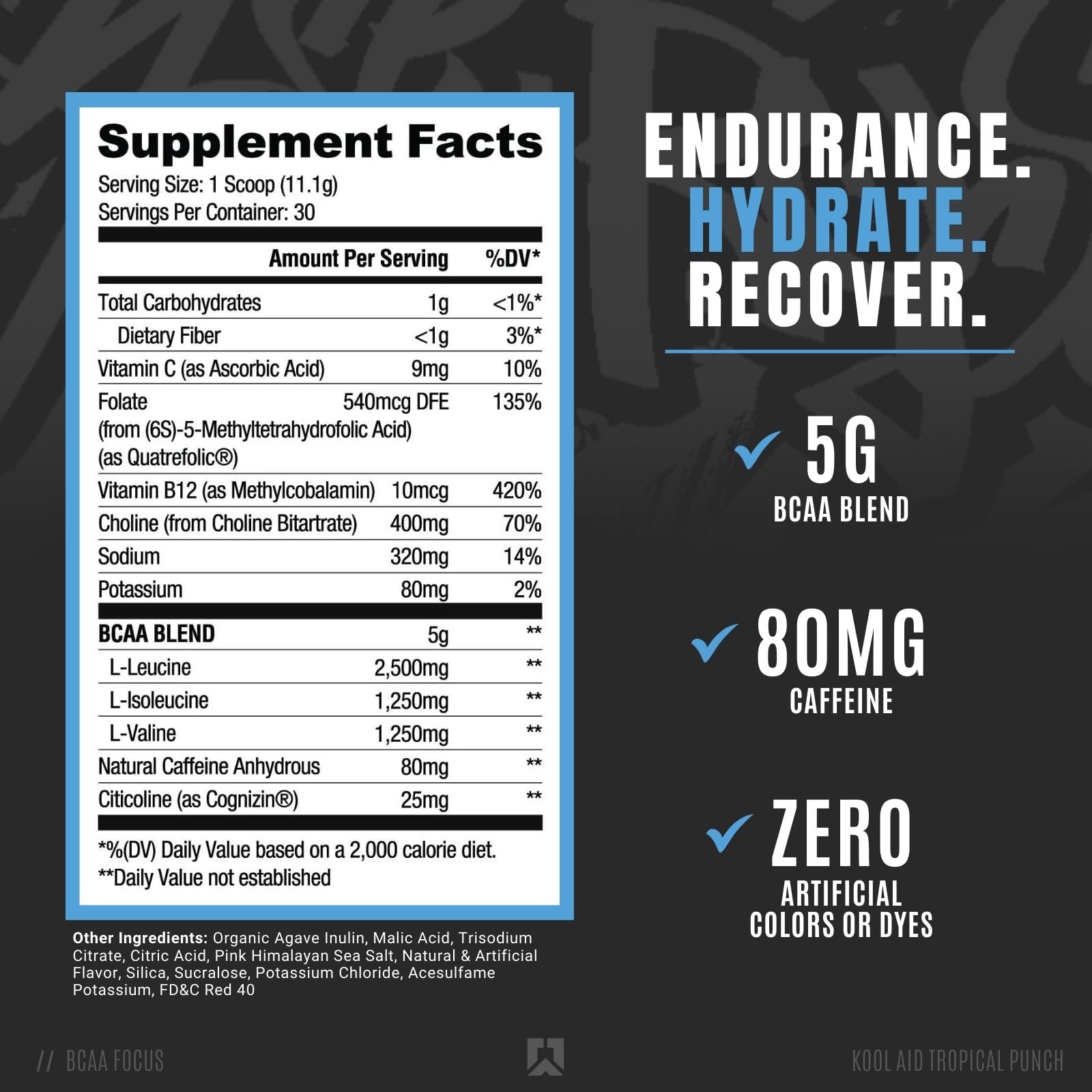 RYSE Up BCAA Focus Powder Tropical Punch served with water boosts energy and focus