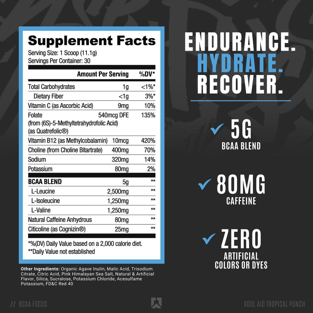 RYSE Up BCAA Focus Powder Tropical Punch served with water boosts energy and focus