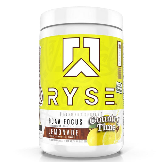 RYSE Up BCAA Focus Country Time Lemonade bottle showing hydration and energy cue