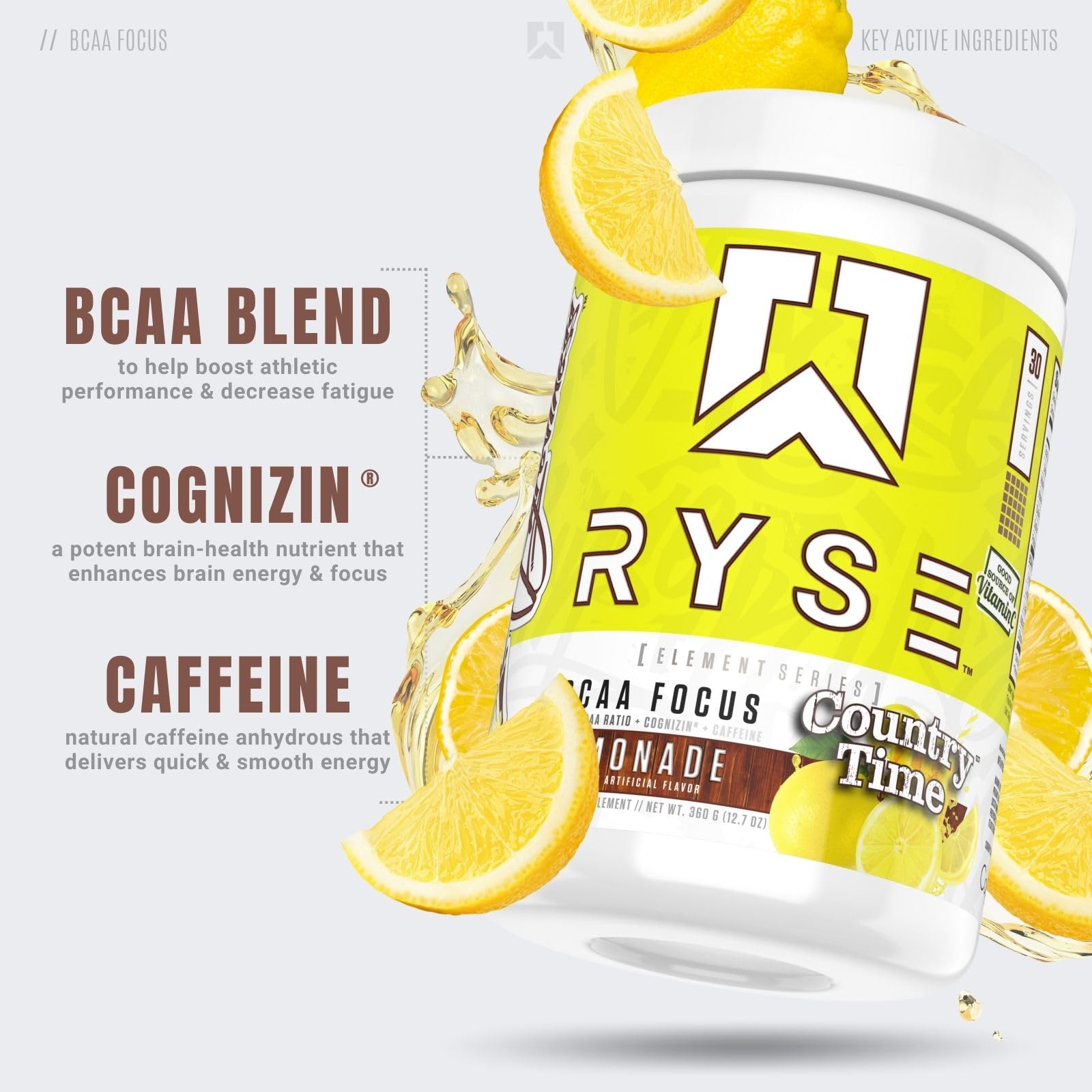 RYSE Up BCAA Focus country time lemonade glass with prepared drink