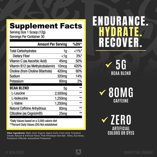 RYSE Up BCAA Focus powder scoop ready to mix for workouts