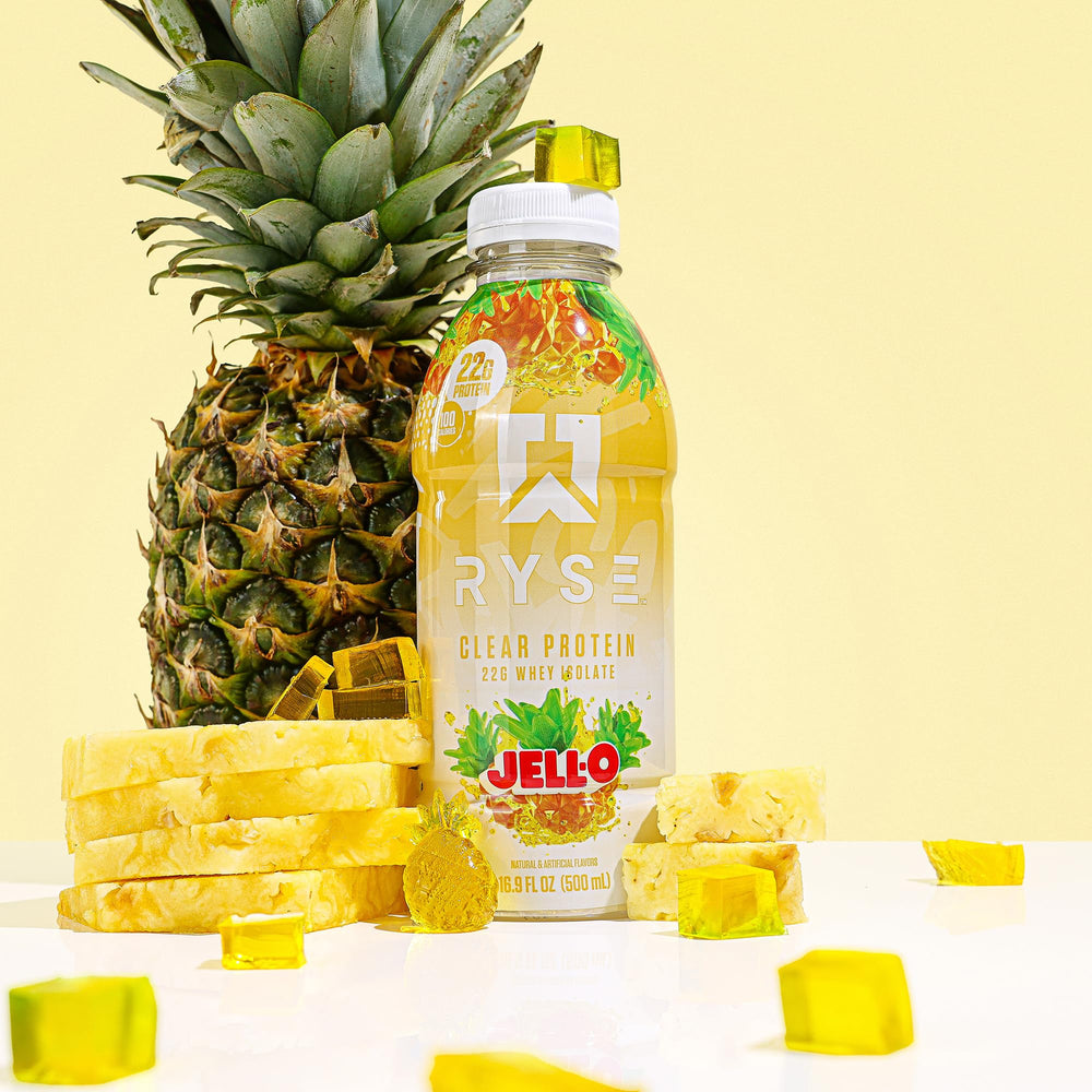 RYSE Clear Protein Drink packaging emphasizes 12-pack convenience.