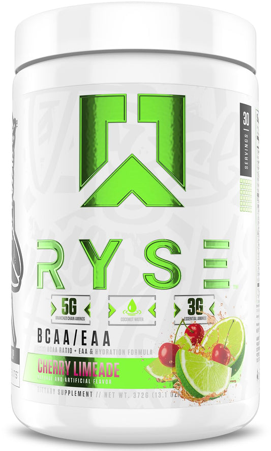 RYSE Up Supplements BCAA EAA Cherry Limeade tub showcases flavor and servings