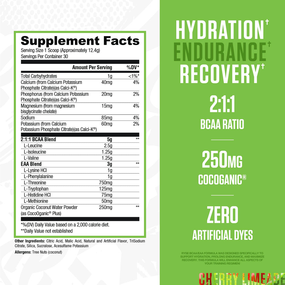 RYSE BCAA EAA powder dissolving in glass for pre- or post-workout hydration