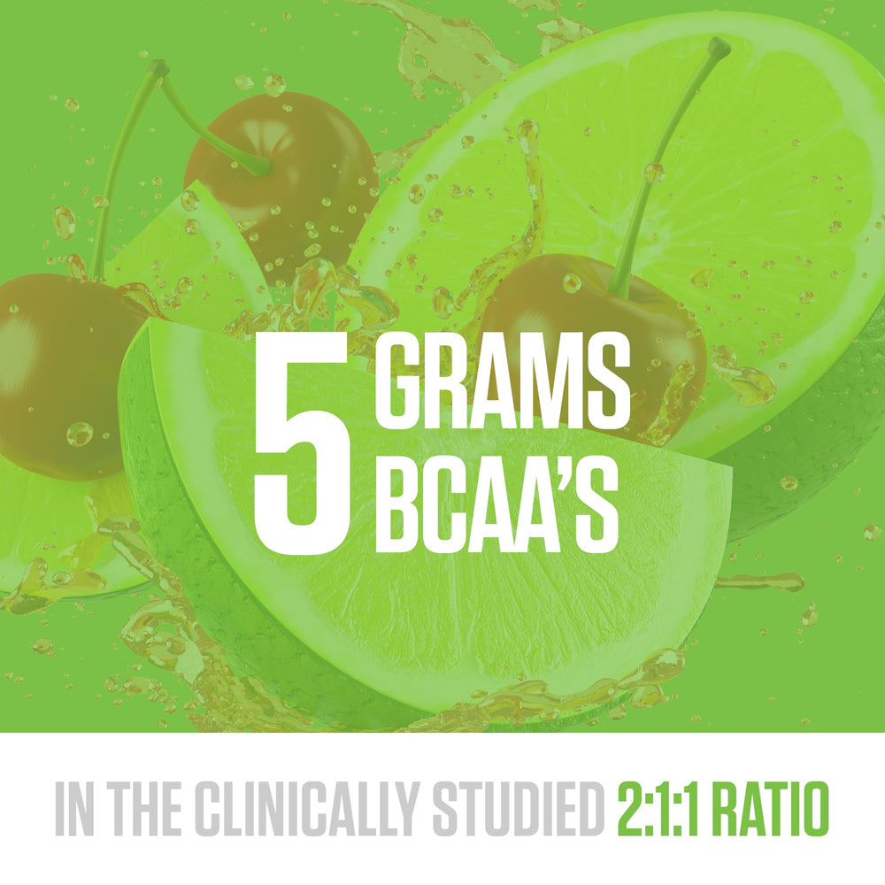 Scoop next to bottle highlights 5g BCAAs and 3g EAAs per serving