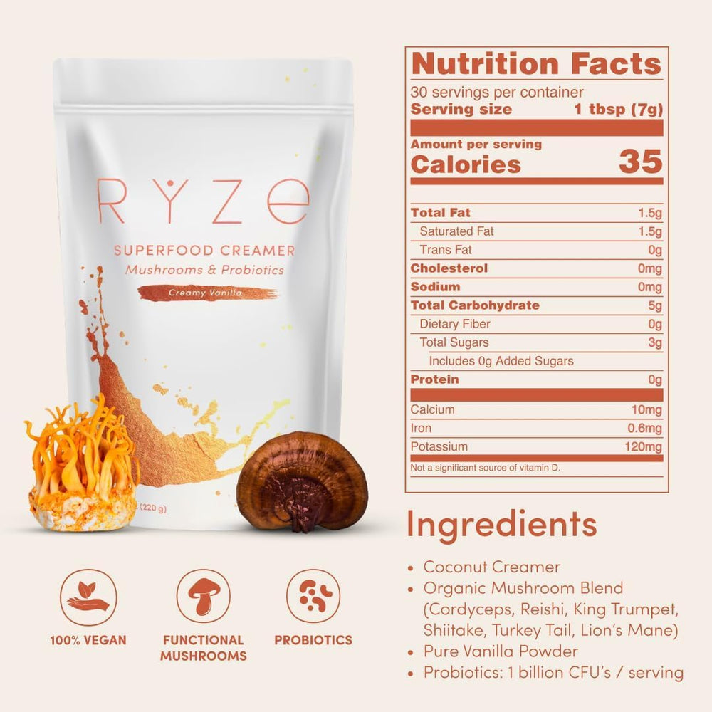 RYZE creamer bottle with adaptogens and probiotics for gut-friendly pairing.
