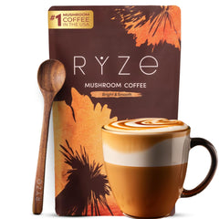 RYZE Mushroom Coffee packaging showcases USDA Organic blend for quality and transparency.