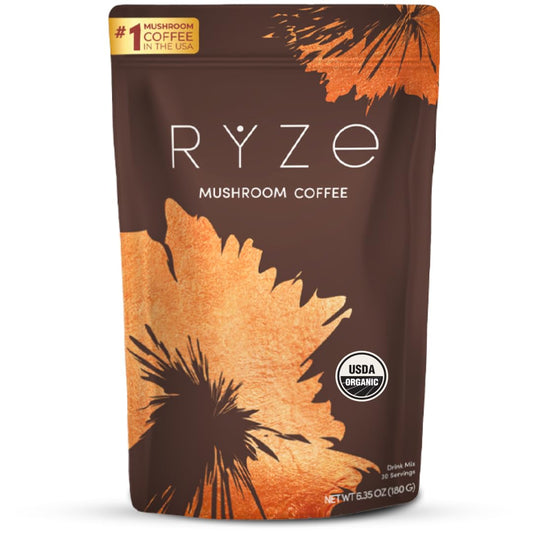 RYZE Mushroom Coffee bottle with six adaptogens for smooth energy