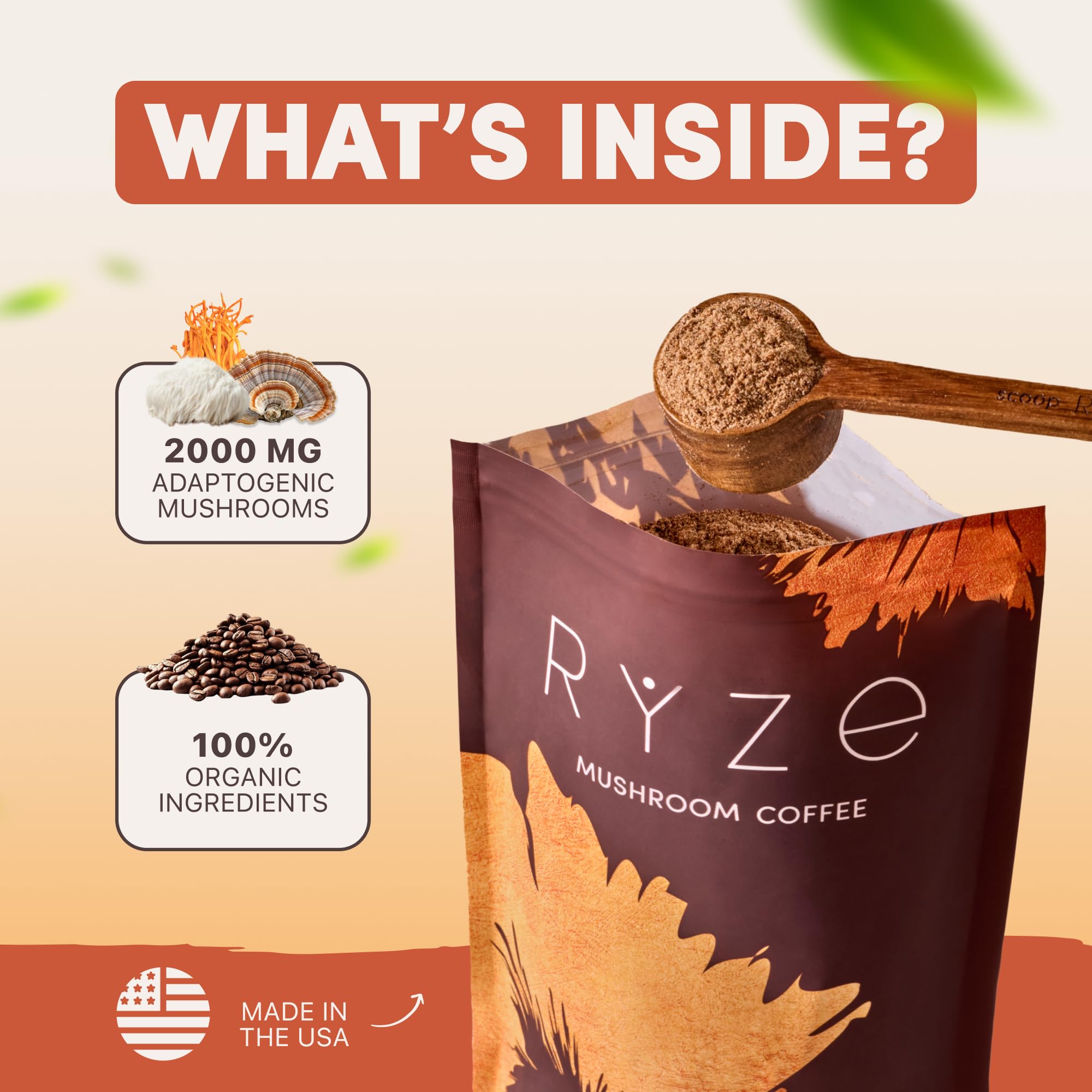 RYZE mushroom coffee with MCT oil emphasizes smooth energy from healthy fats