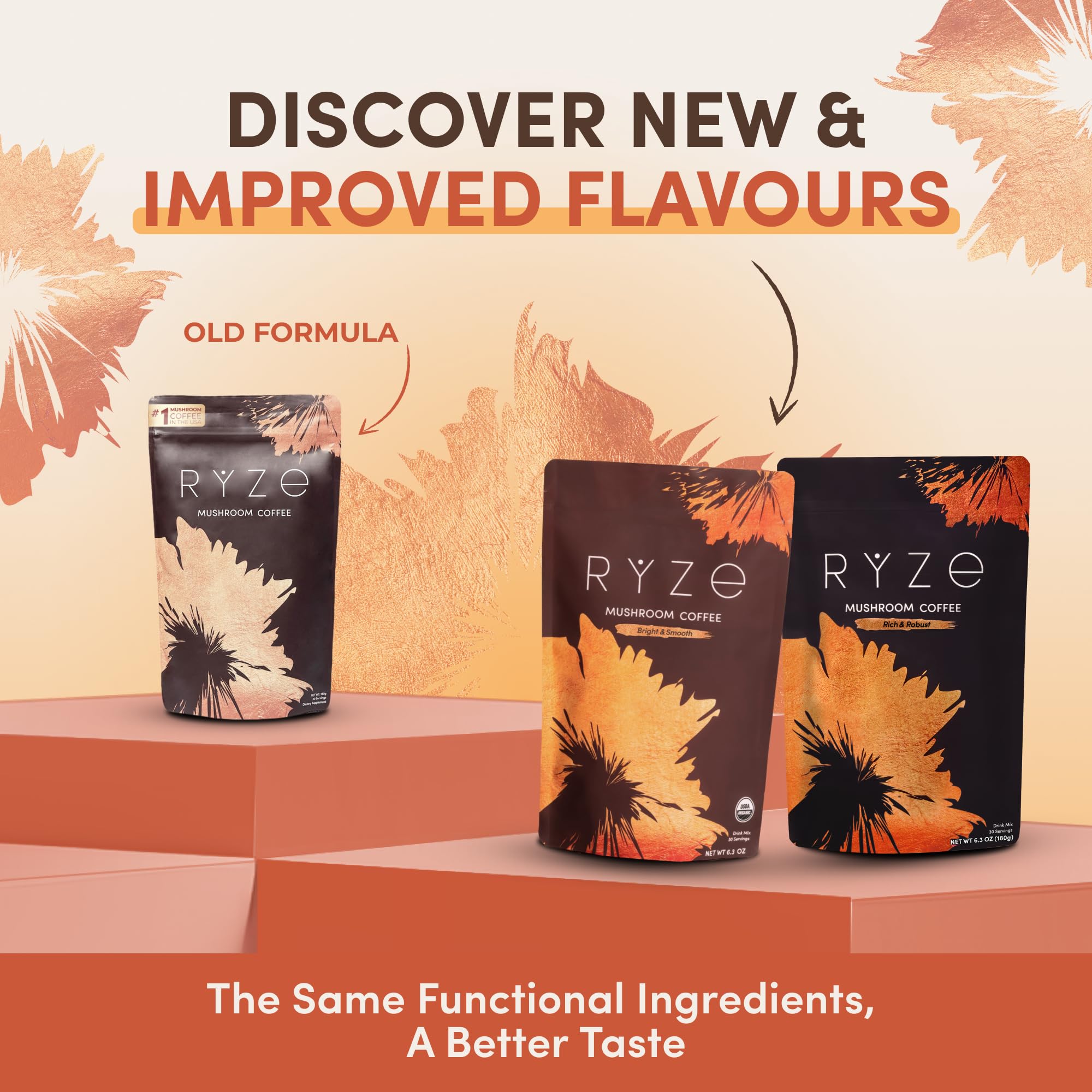RYZE Mushroom Coffee serving cup showing convenient 30 servings for daily ritual