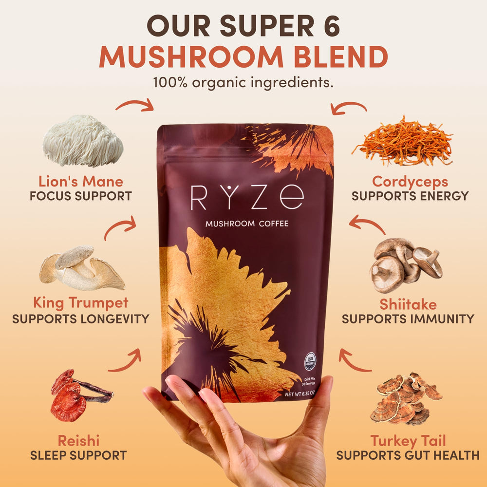 RYZE mushroom coffee starter kit bags showing 60 servings for daily focus
