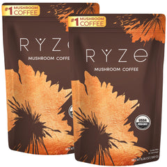 RYZE SUPERFOODS mushroom coffee starter kit packaging for a clean energy boost