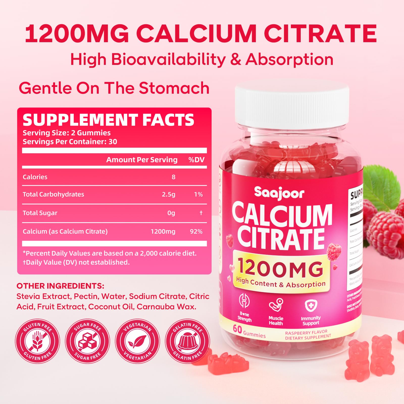 Saajoor Calcium Citrate Gummies raspberry flavor close-up shows a tasty, sugar-free daily calcium option.
