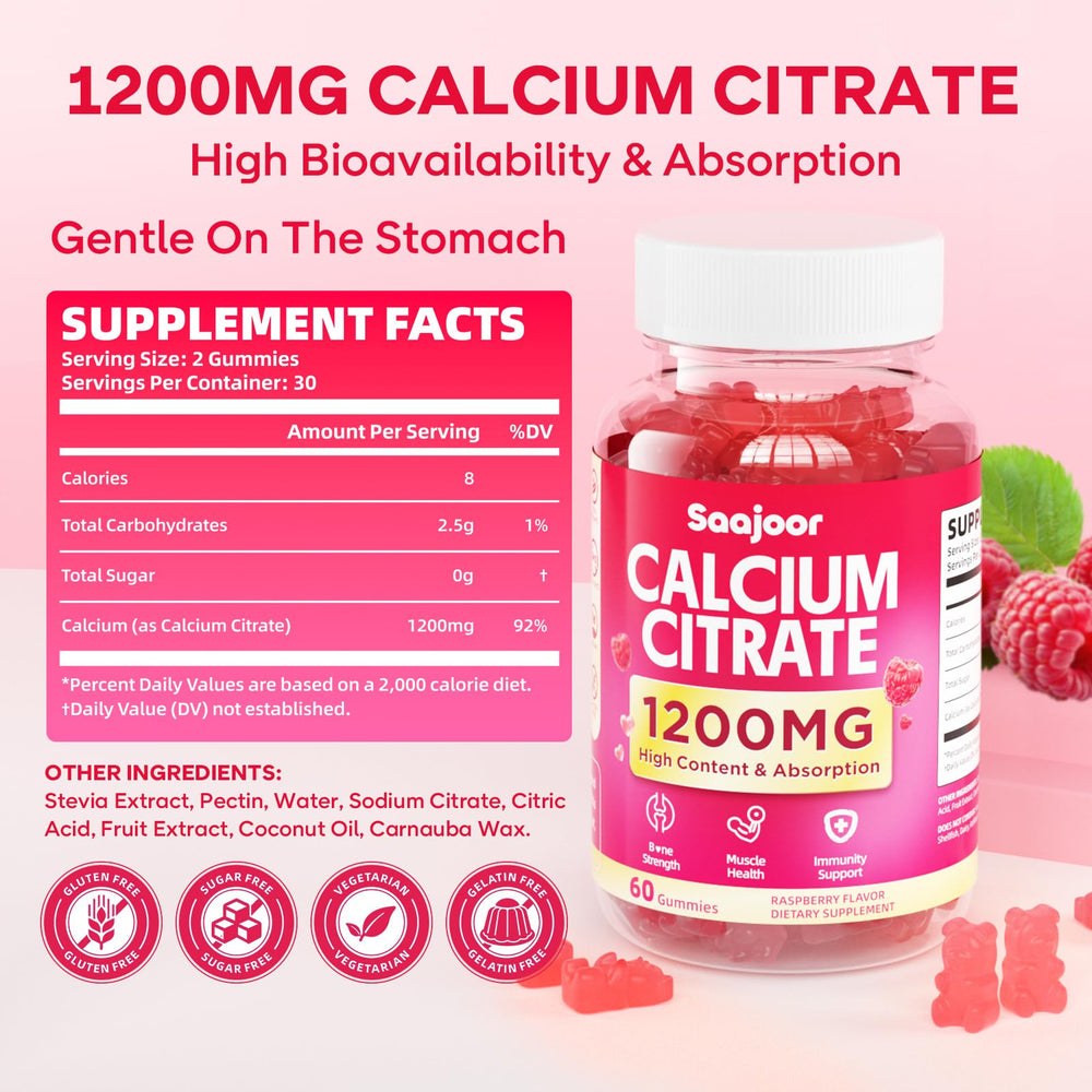 Saajoor Calcium Citrate Gummies raspberry flavor close-up shows a tasty, sugar-free daily calcium option.