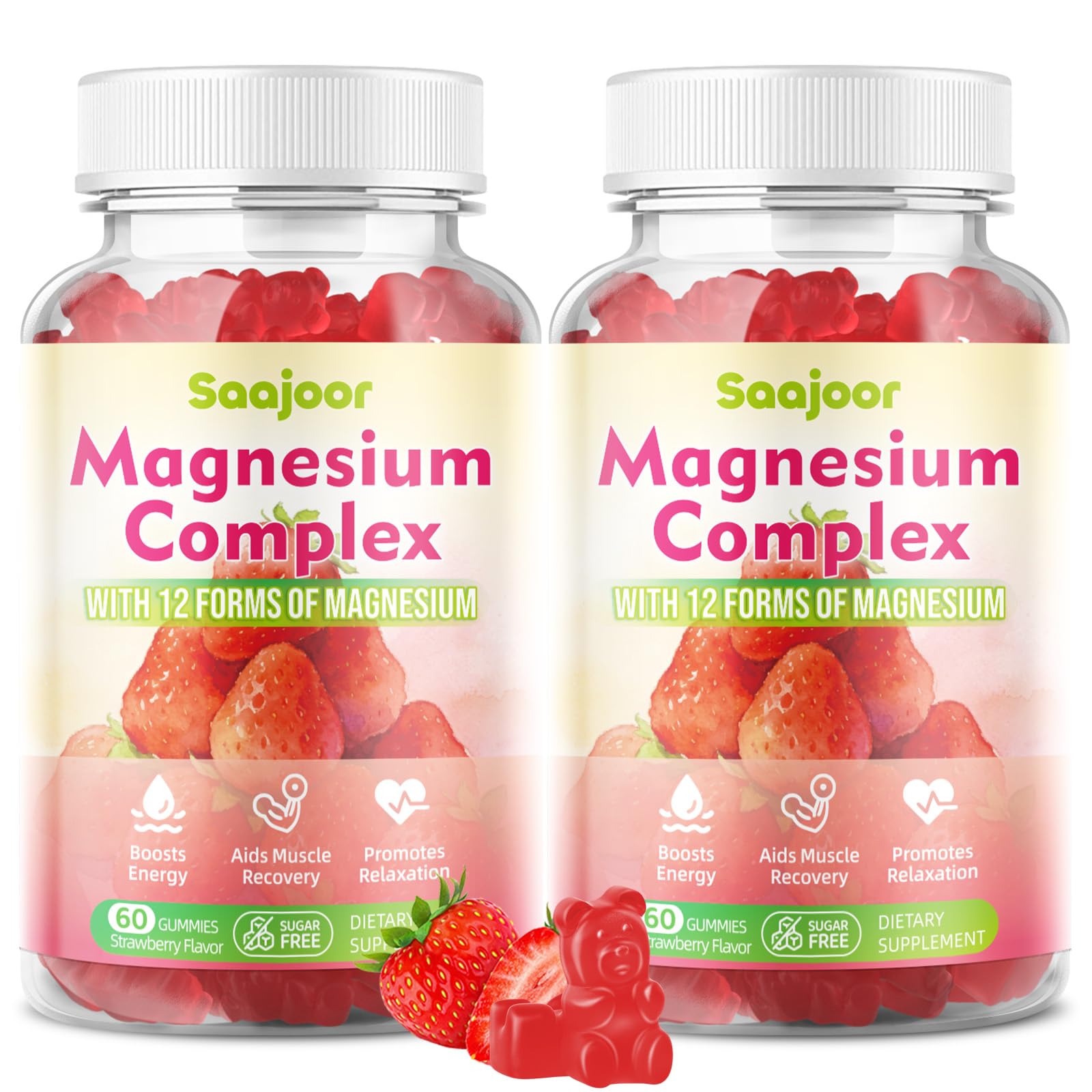 Saajoor Magnesium Complex Gummies bottle front view promotes daily wellness.