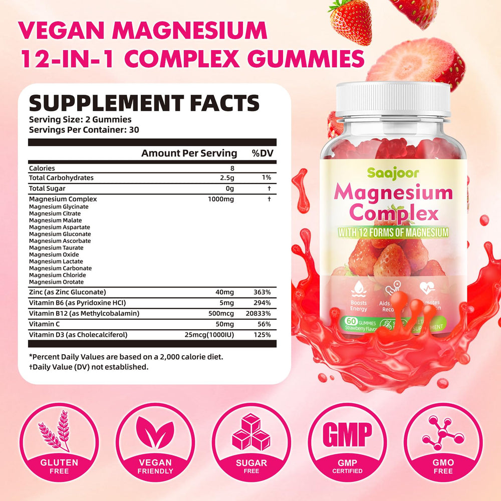Saajoor Magnesium Gummies strawberry flavor label highlights vitamins B6, B12, and C.