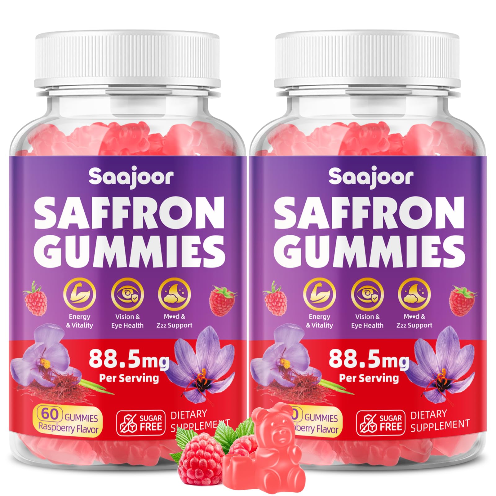 Saajoor saffron gummies bottle for easy daily mood support.