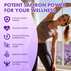 Ingredients panel featuring saffron and essential nutrients for daily support.